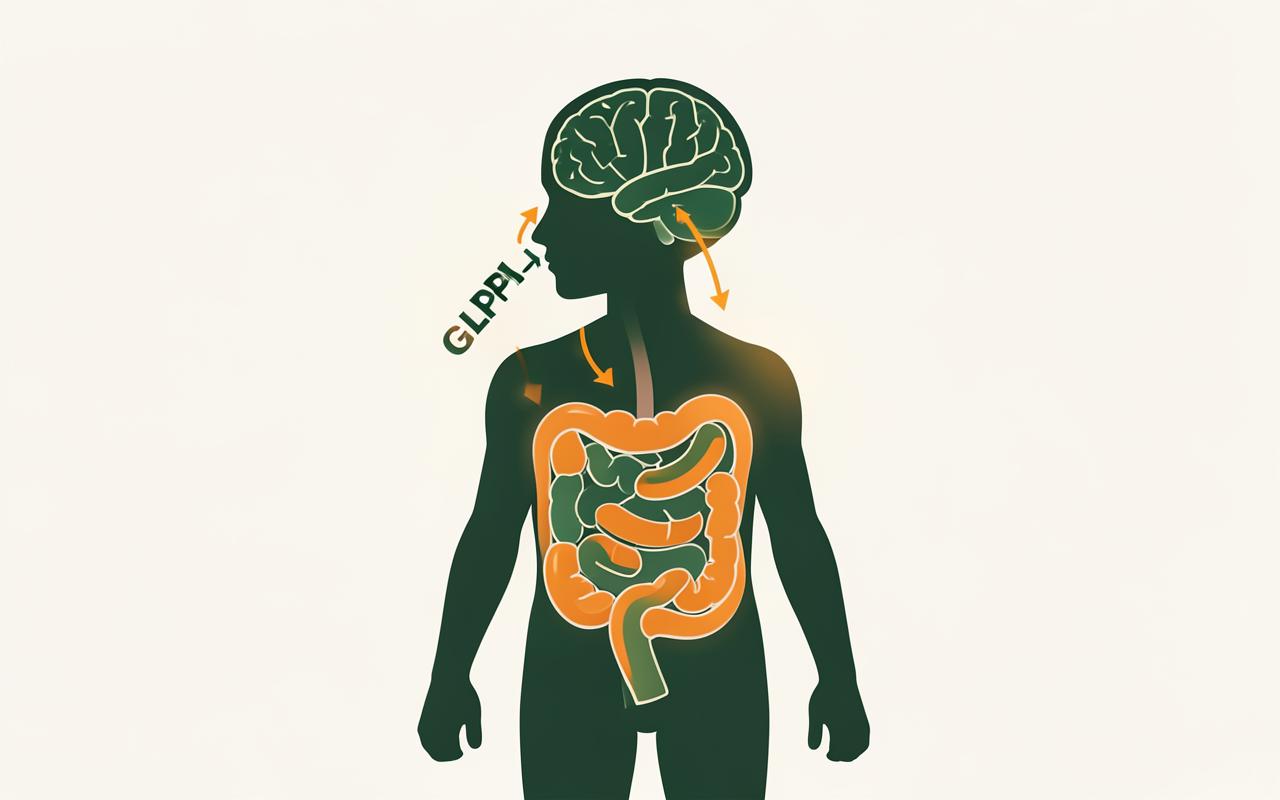 Diagram showing GLP-1 signals travelling from the gut to the brain to reduce appetite