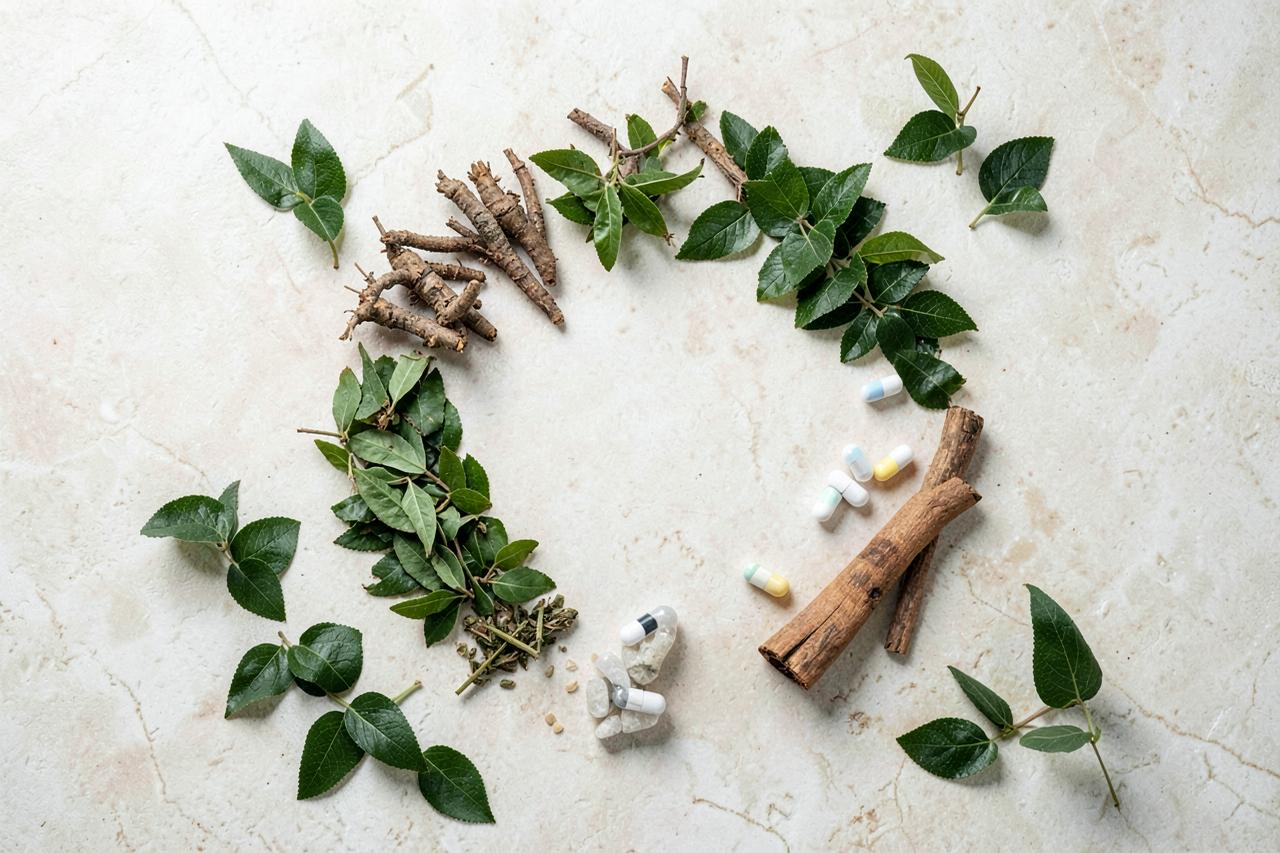 Natural botanical ingredients and capsules arranged on a stone surface