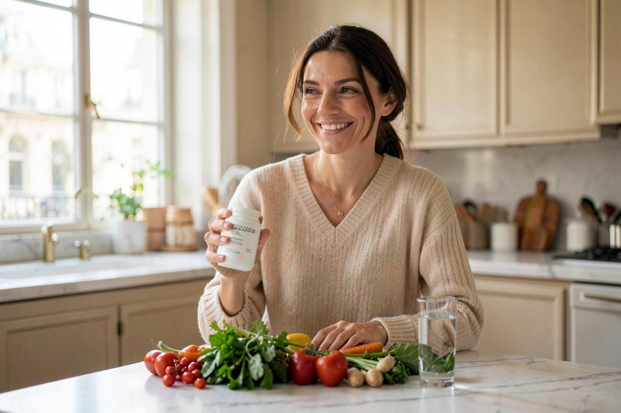 Woman in a French kitchen holding a supplement bottle beside fresh vegetables